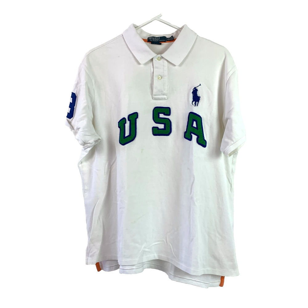 Polo Ralph Lauren USA Felt Spellout Pony White Custom Fit Rugby Polo Shirt XXL